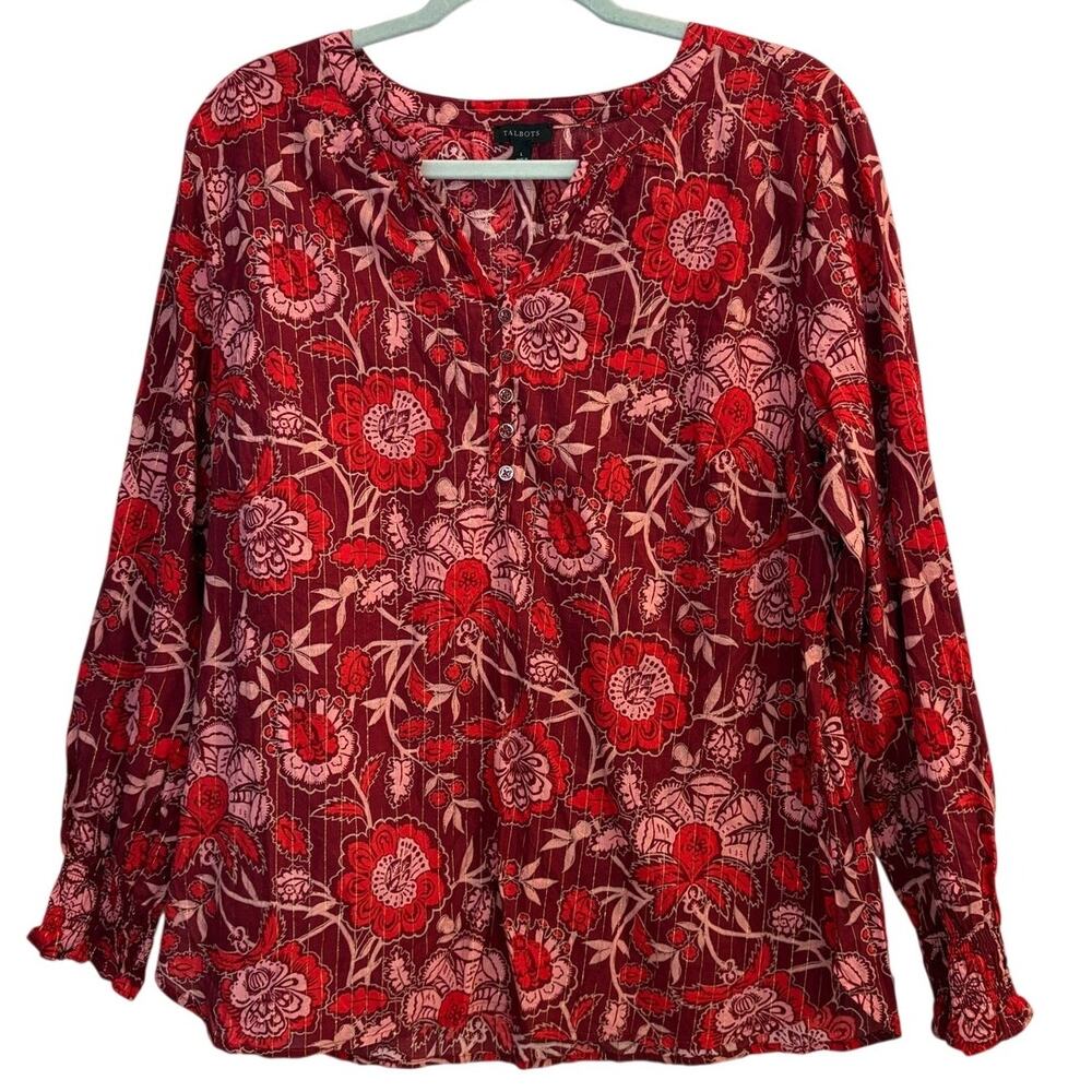 Talbots Majestic Blooms Metallic Stripe Smocked Cuff Peasant Blouse Red Large